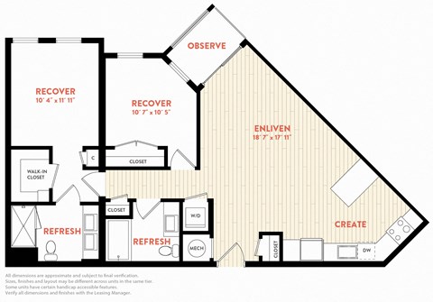 Floor plan for 2 beds, 2 baths, 1008 sqft